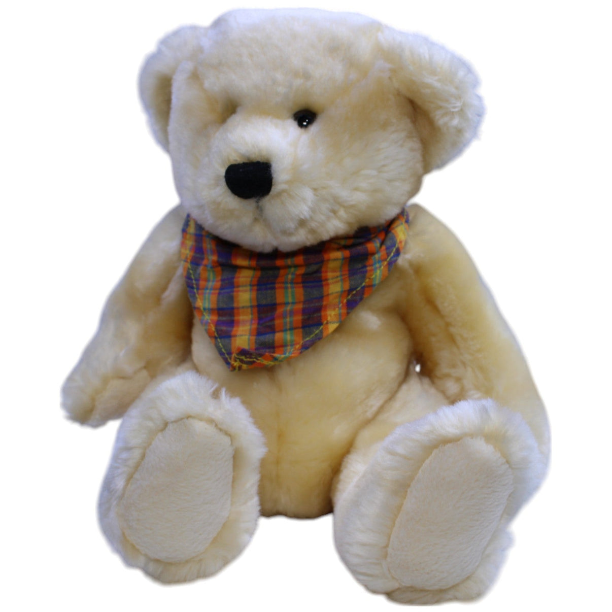 123000013470 Heunec Beiger Teddybär mit buntem Halstuch, sitzend Kuscheltier Kumpel Leo Gebraucht Teddy Teddybär
