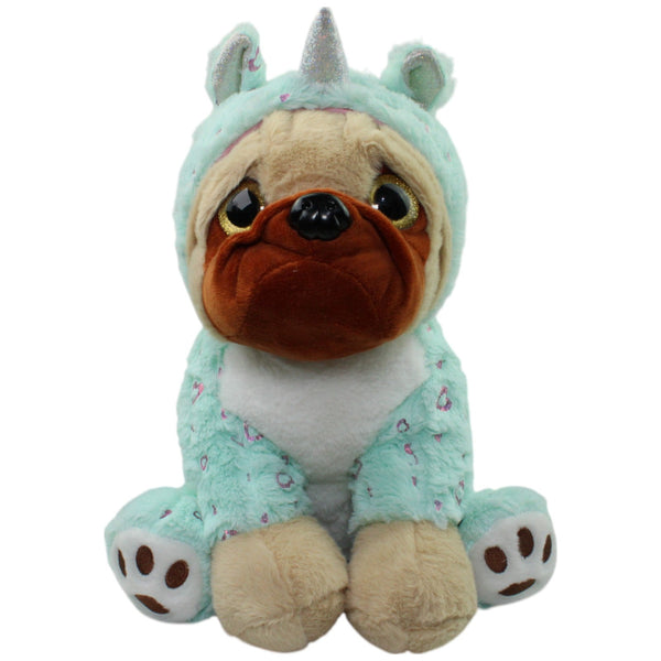 Mops in türkisem Einhorn Kostüm, groß