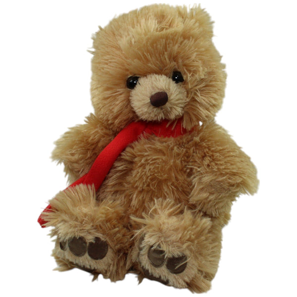 Sitzender Teddy mit rotem Schal, hellbraun