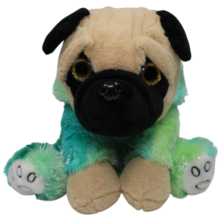 Süßer Mops mit Glitzeraugen & grüner Kleidung