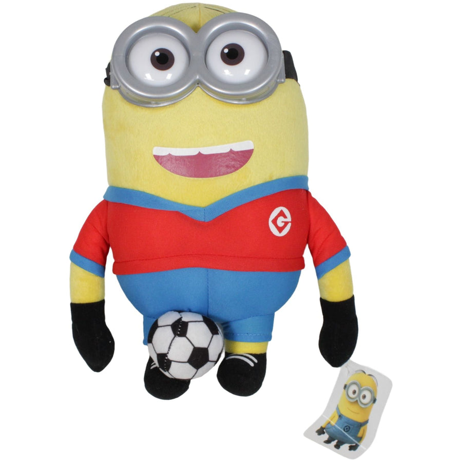 Minion mit zwei Plastikaugen als Fußballspieler, rot