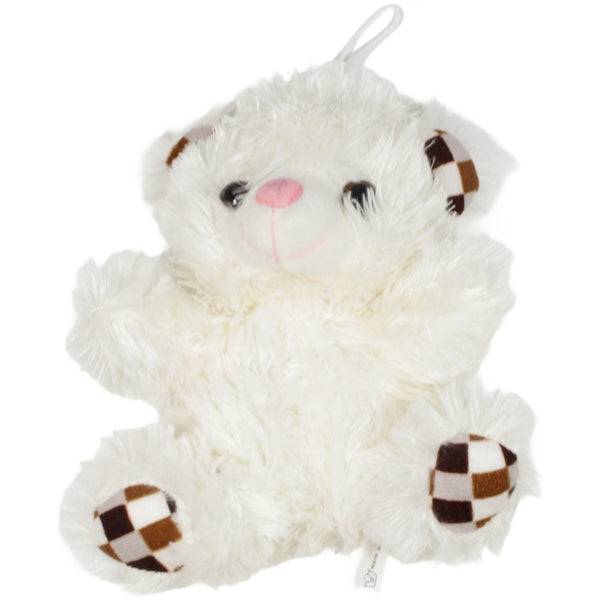 Zotteliger Teddybär mit karierten Ohren und Füßen