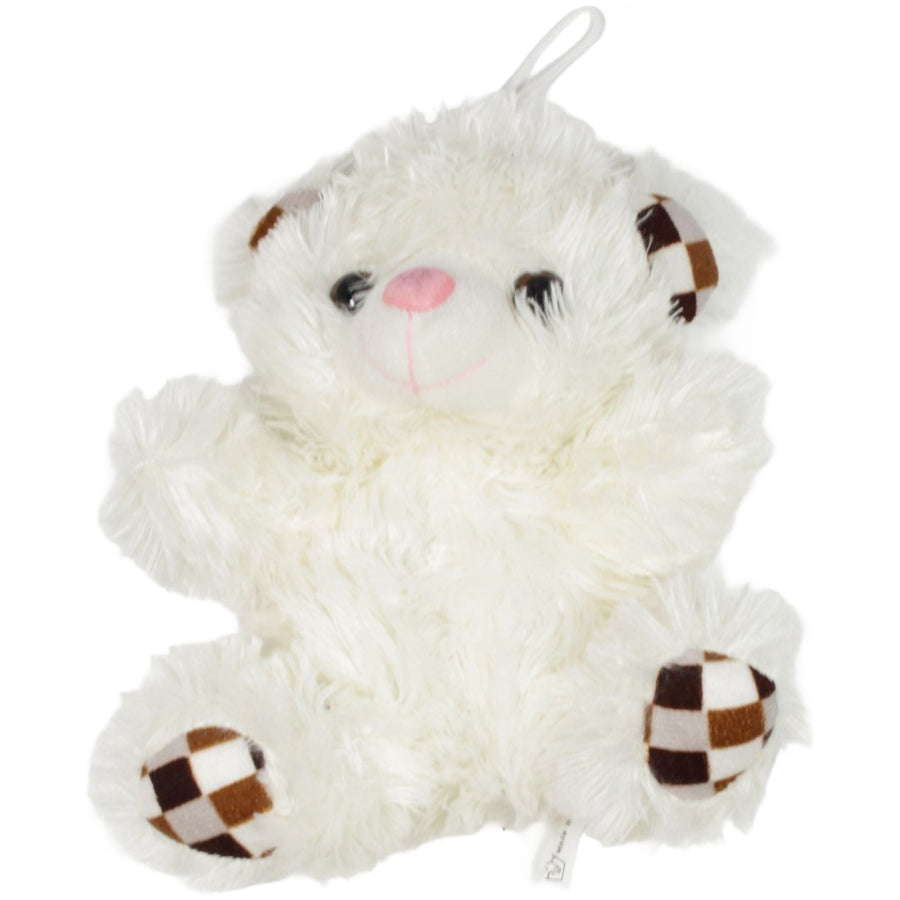 Zotteliger Teddybär mit karierten Ohren und Füßen