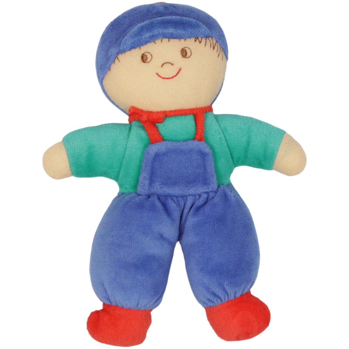 123000019759 Sterntaler Kind mit blauer Kleidung und Mütze Spielfigur mit Rassel Kumpel Leo 21cm _Vintage_ Blau