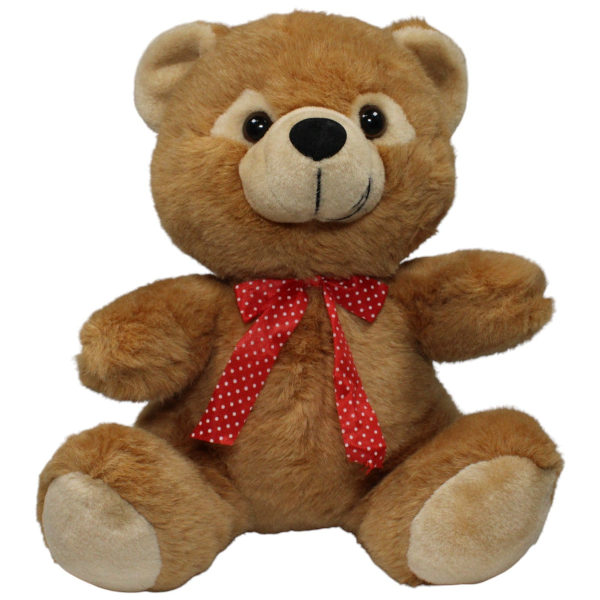 123000020165 Quelle Teddybär mit rot - gepunkteter Schleife, sitzend Kuscheltier Kumpel Leo 30cm _Vintage_ Braun