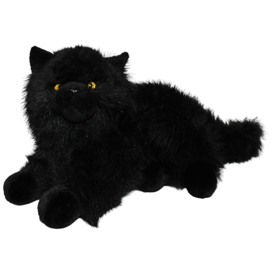 Hübsche schwarze Katze mit gelben Augen, liegend