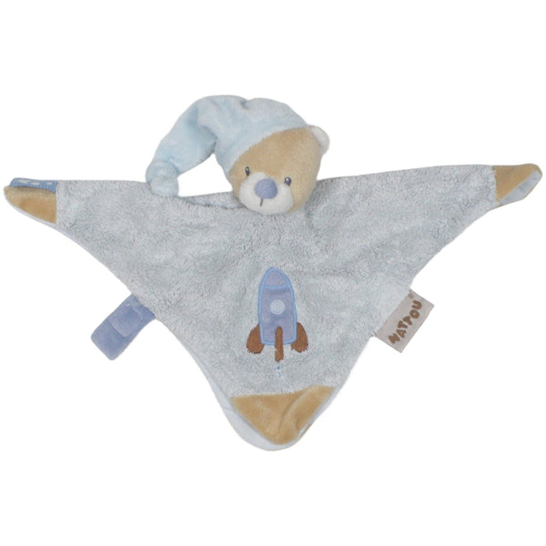 Teddybär mit Schlafmütze und Rakete, blau
