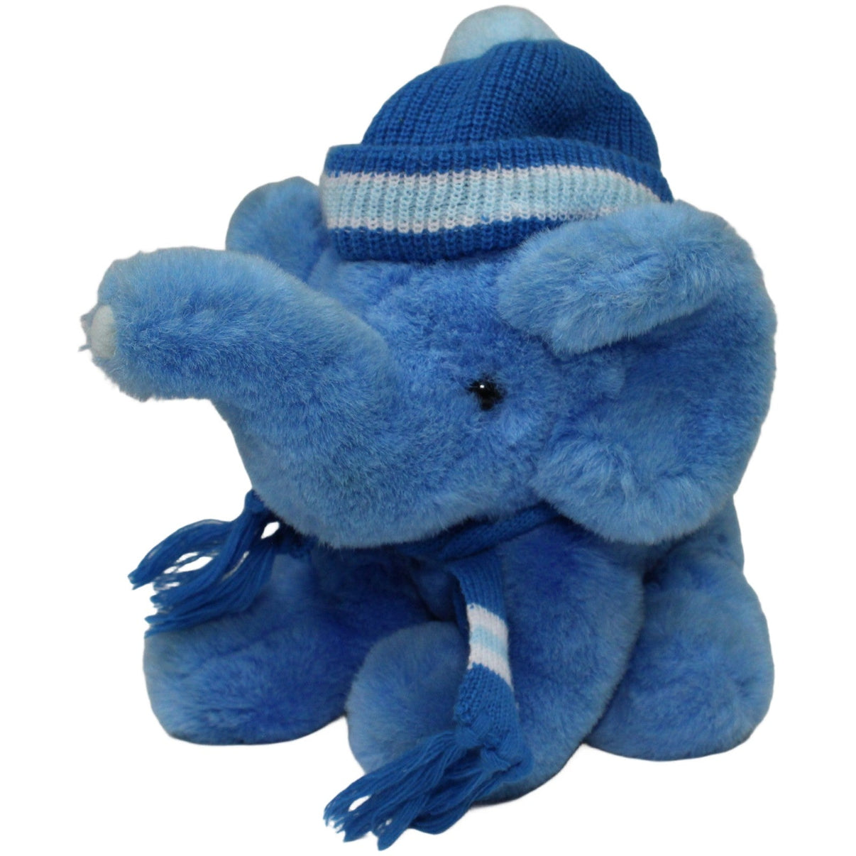 123000020534 Kaufhalle Blauer Elefant mit Wintermütze & Schal, sitzend Kuscheltier Kumpel Leo 25cm _Vintage_ Blau