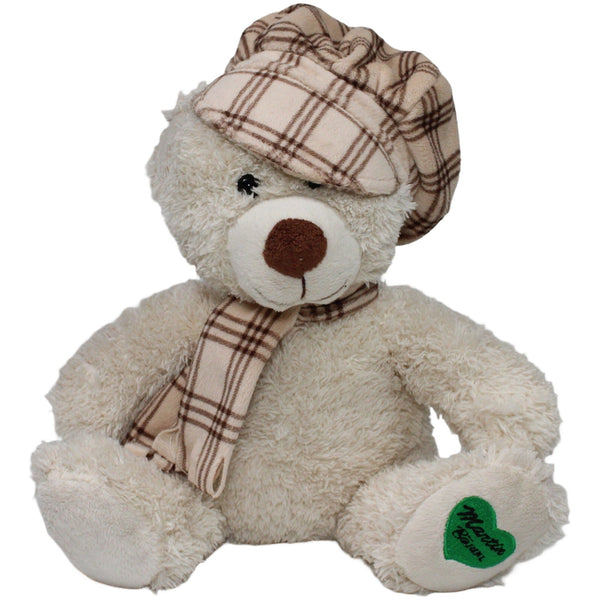 Beiger Teddy mit großer Mütze & Schal, sitzend