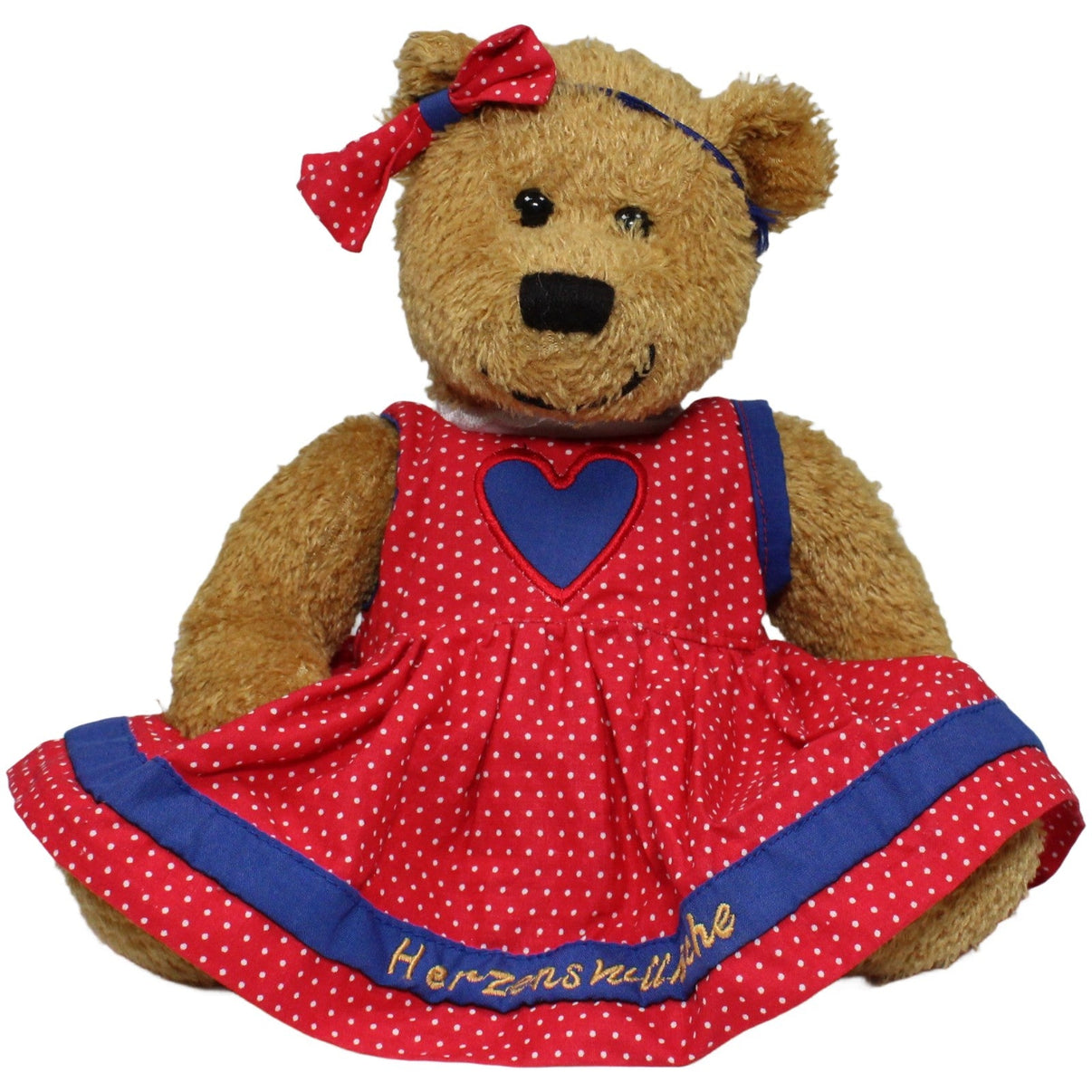 123000020805 Irgel - Zimmermann Herzenswünsch e.V., schöner Teddybär mit rotem Kleid mit Haarband Kuscheltier Kumpel Leo 28cm Blau Braun