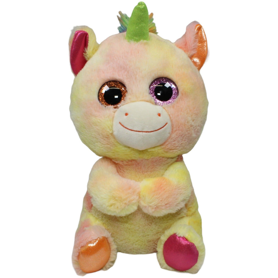 Großes Einhorn mit Glitzeraugen & bunter Mähne, sitzend
