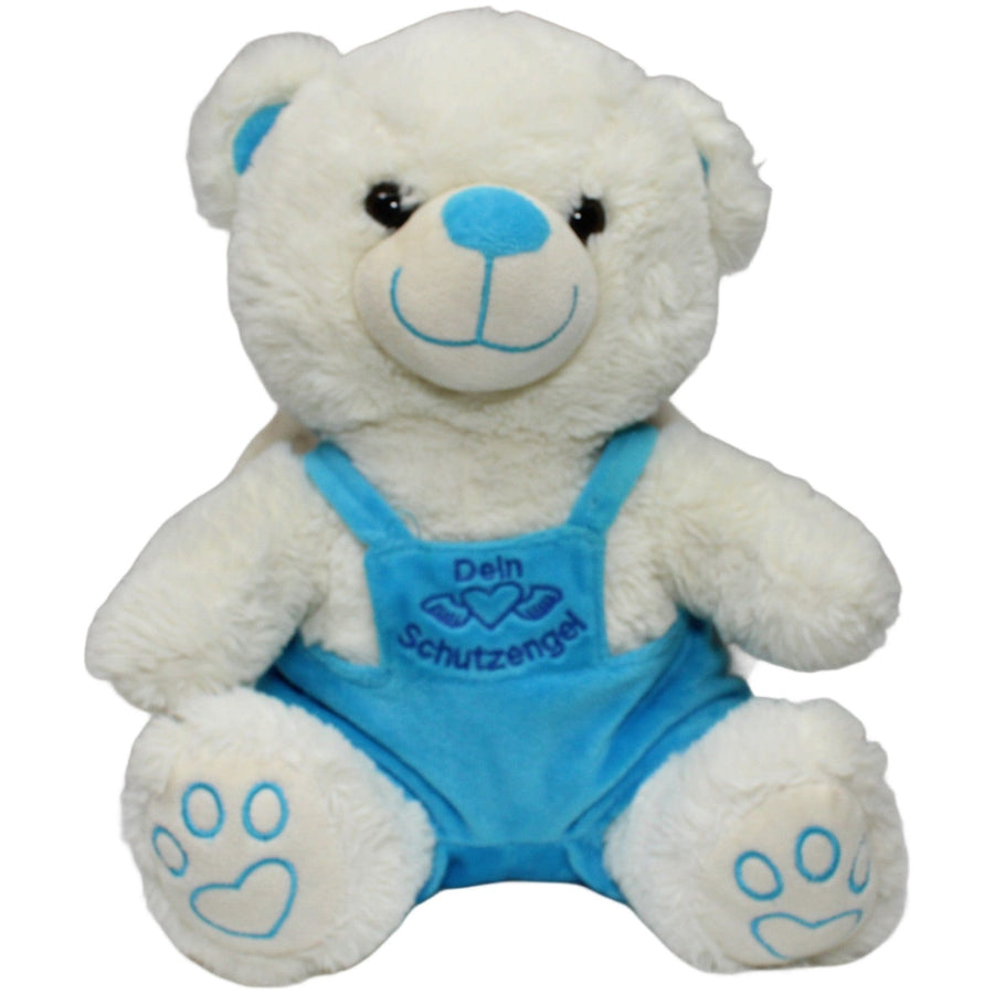 Weißer Teddy mit Flügeln "Dein Schutzengel" & blauer Latzhose