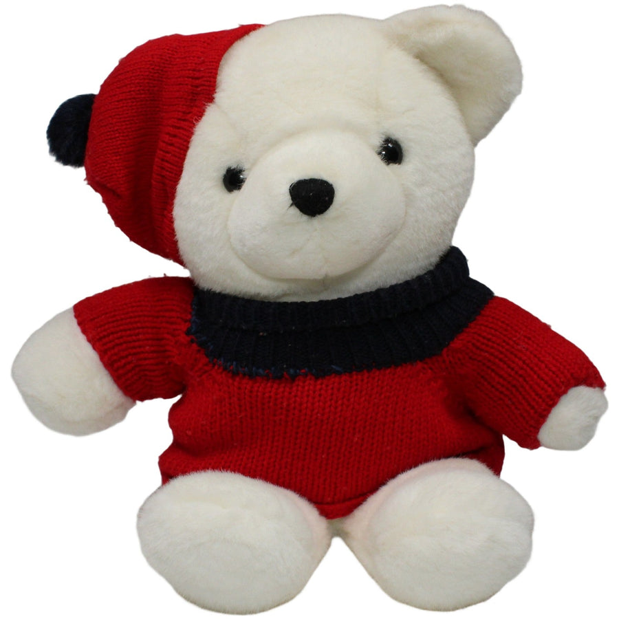 Weißer XL Teddybär mit Strickpullover & Mütze