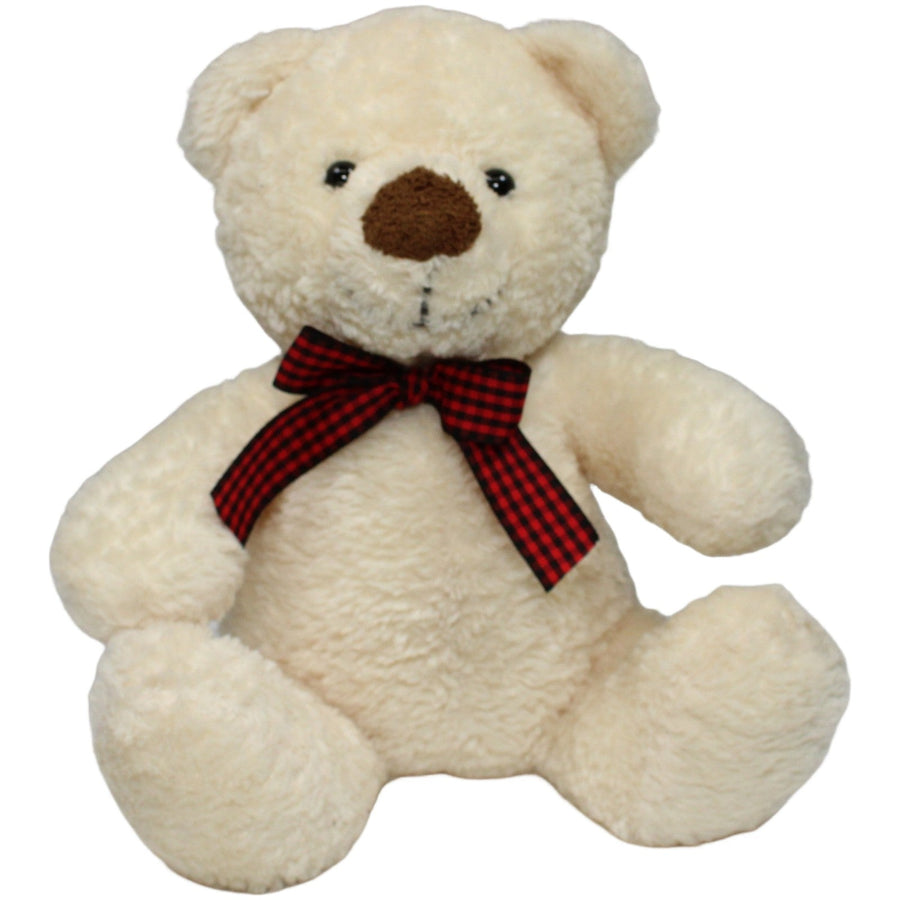 Beiger Teddy mit karierter Schleife, sitzend