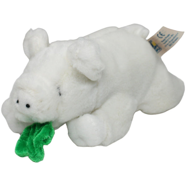 Weißes Glücks-Schwein mit Kleeblatt, liegend