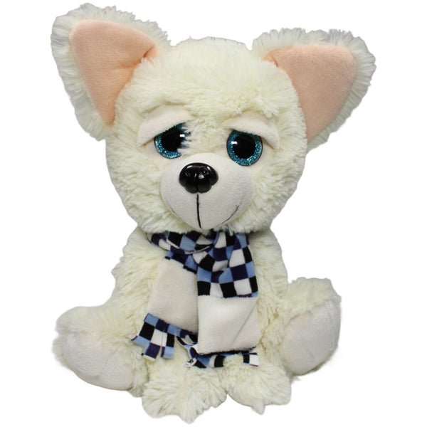 Flos Toys, weißer Hund mit kariertem Schal sitzend