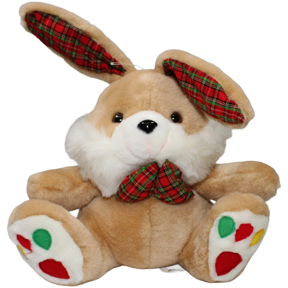 123000022304 Heunec Süßer Hase mit karierten Ohren und Schleife Kuscheltier Kumpel Leo 28cm _Vintage_ Beige