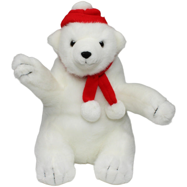 Eisbär Eisy mit kleiner roter Mütze und Schal
