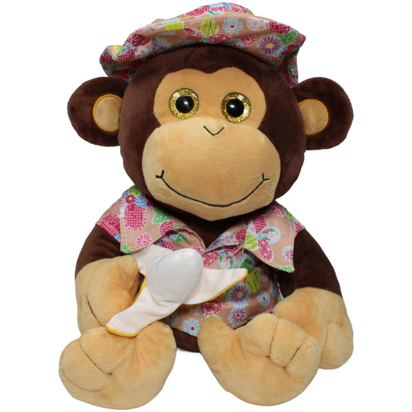 Flos Toys, großer Affe mit Banane, Blumenmuster-Shirt & Hut