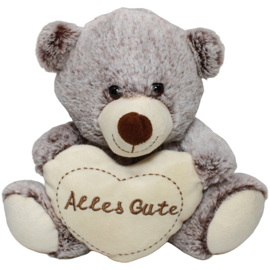Kuschelfreund, sitzender Teddy mit Herz "Alles Gute" grau-braun