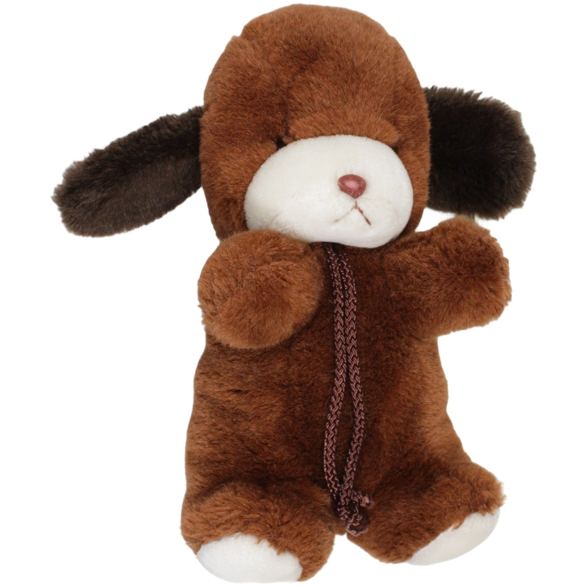 123000023128 GUND Süßer Hund mit Schnüren, dunkelbraun Kuscheltier Kumpel Leo 1982 28cm _Vintage_