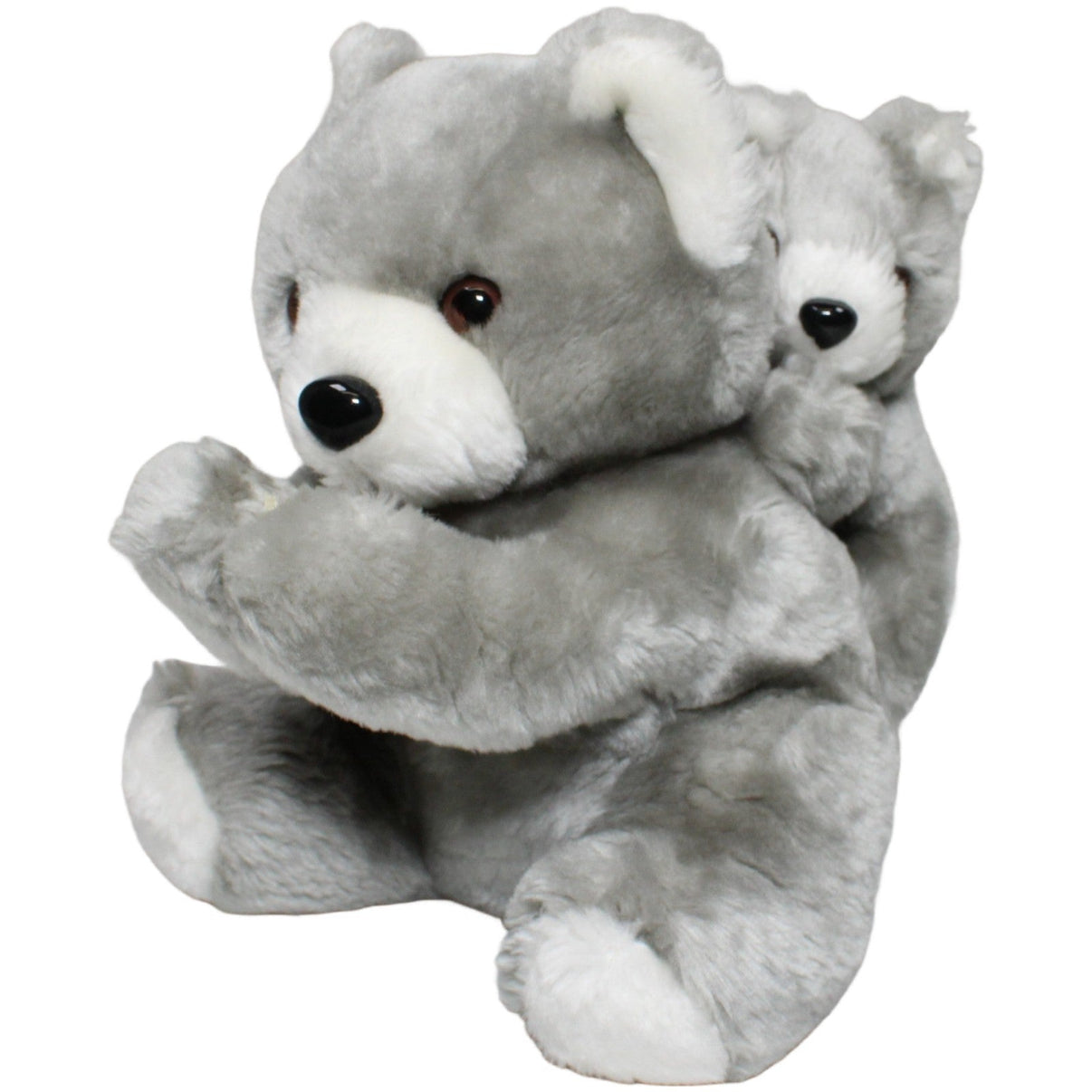 123000023292 Westkauf Grauer Bär mit Baby auf dem Rücken und Klett - Händen Kuscheltier Kumpel Leo 24cm _Vintage_ Bär