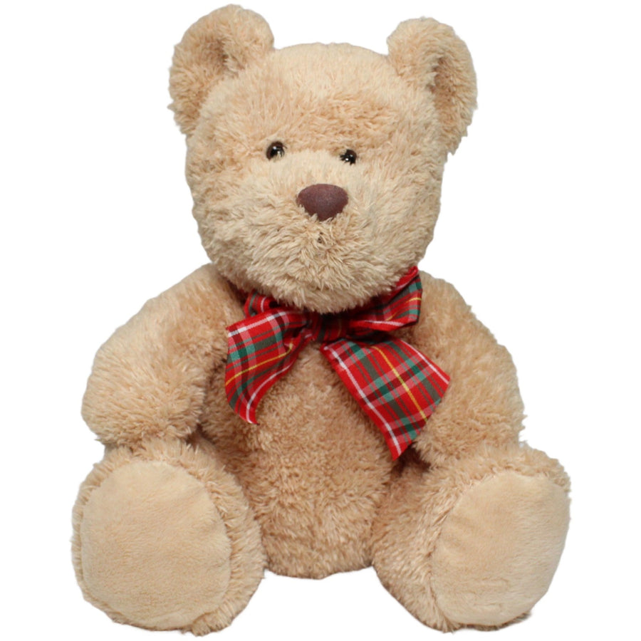 Zotteliger Teddybär mit karierter Schleife, sitzend
