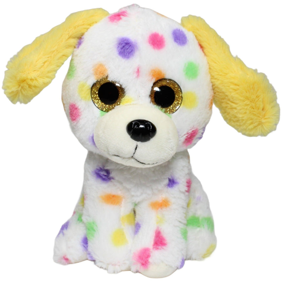 Flos Toys, weißer Hund mit bunten Punkten und gelben Ohren
