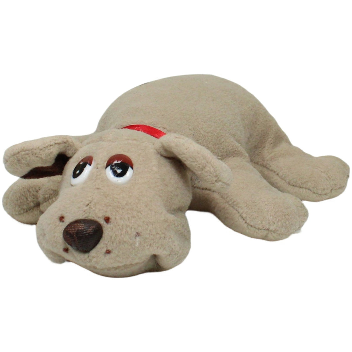 123000023728 Schildkröt Wauzi, liegender Hund mit rotem Halsband Kuscheltier Kumpel Leo 22cm _Vintage_ Beige