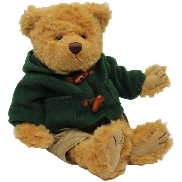 Großer Teddy mit grüner Jacke & Hose, sitzend