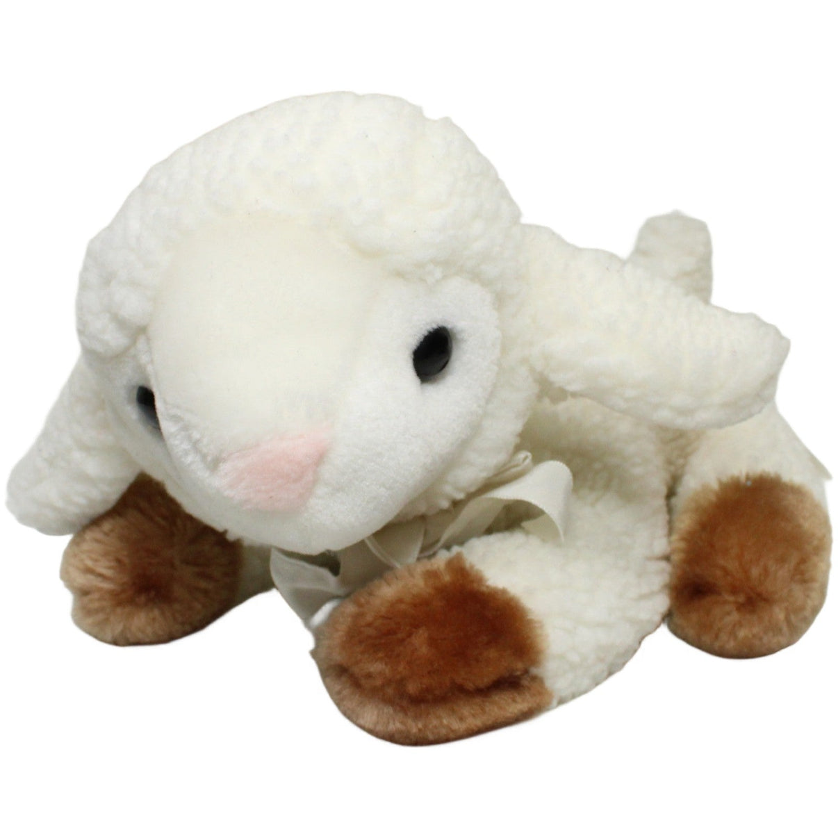 123000024003 Westkauf Süßes Lamm mit Schleife, liegend Kuscheltier Kumpel Leo 30cm _Vintage_ Braun