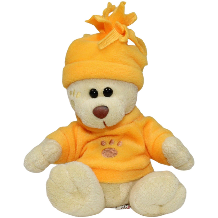 Teddybär mit oranger Mütze und Pullover, hellbraun
