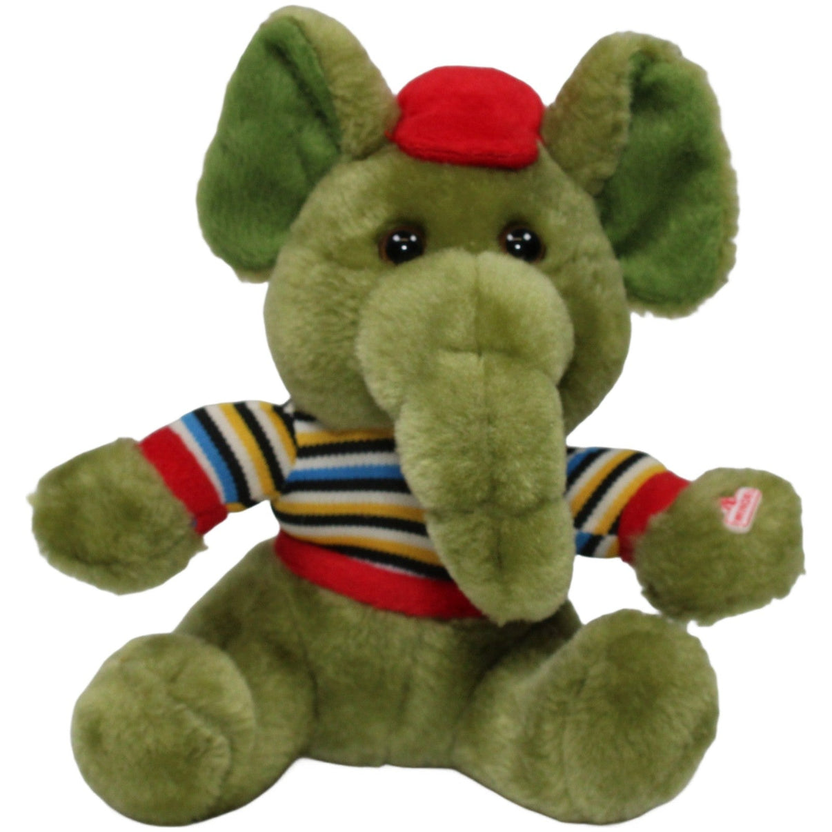 123000024077 Windel Grüner Elefant mit bunt - gestreiftem Shirt und Hut Kuscheltier Kumpel Leo 19cm _Vintage_ ebay - stofftiere
