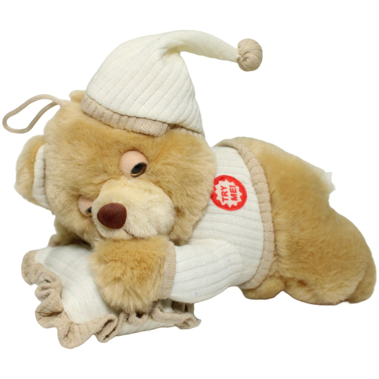 123000024432 Paul Hamburg Schnarchender Bär mit Mütze & Kissen, liegend Kuscheltier Kumpel Leo 20cm Beige Braun