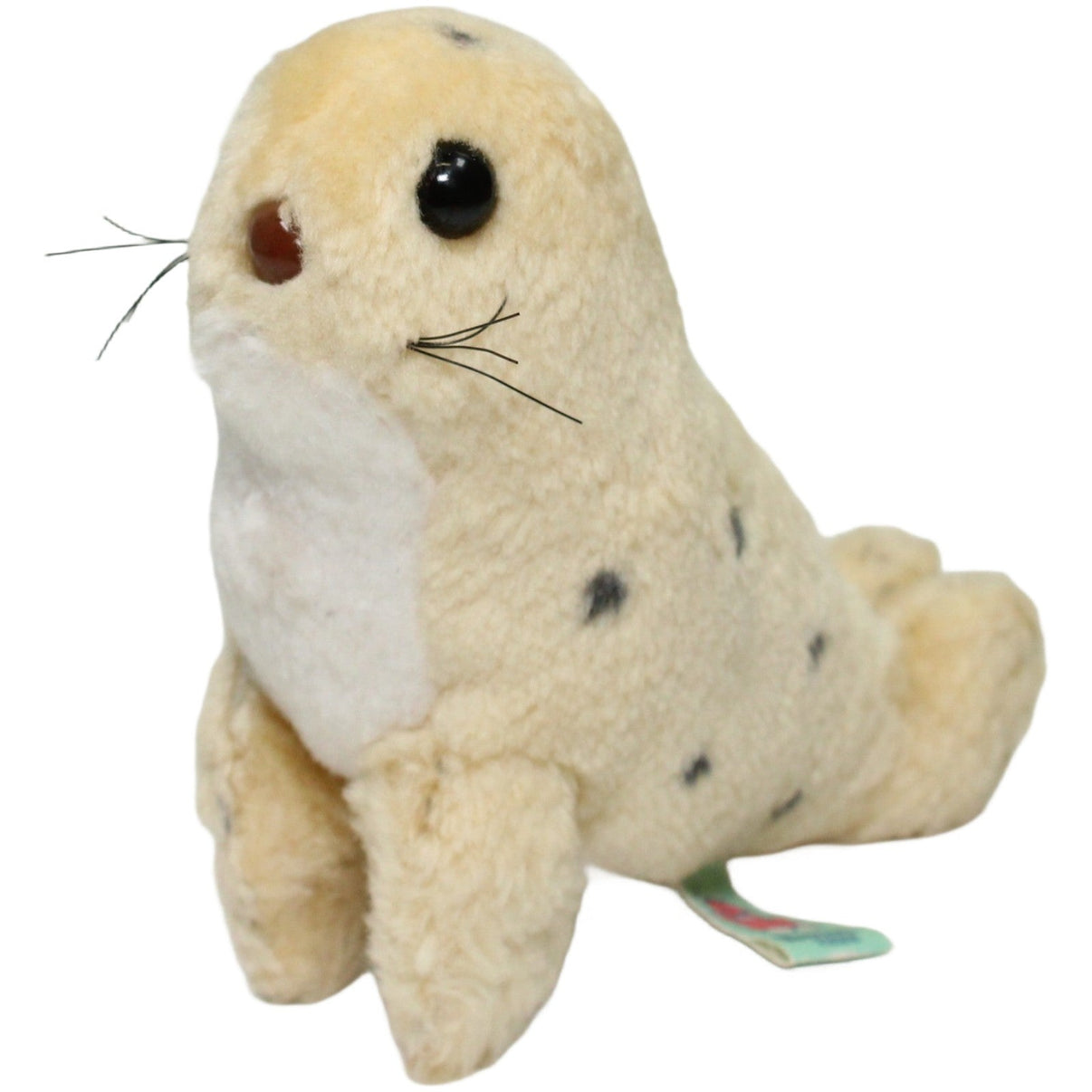 123000024535 John Kuscheltier, süße Robbe mit schwarzen Punkten Kuscheltier Kumpel Leo 15cm _Vintage_ Beige