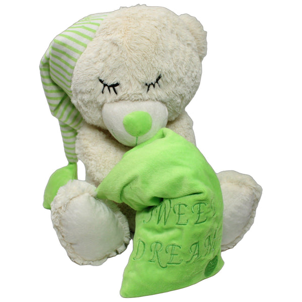 XL Teddybär mit grüner Zipfelmütze und Kissen "Sweet Dreams"