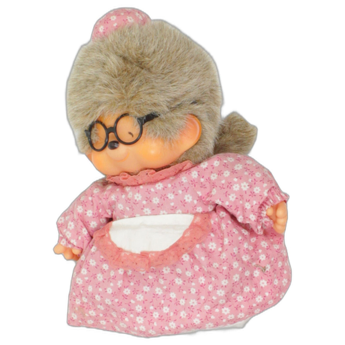 123000025608 Sekiguchi Oma Monchhichi in rosa Blumenkleid Kuscheltier Kumpel Leo 1974 21cm _Vintage_