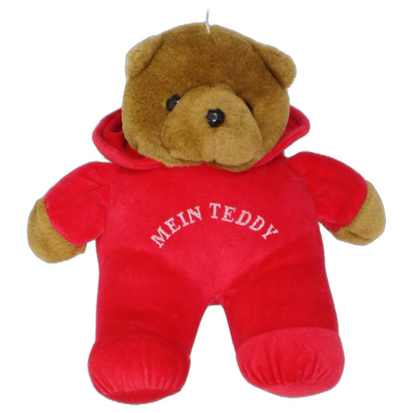 Brauner Teddy mit rotem Kapuzen-Anzug "MEIN TEDDY"