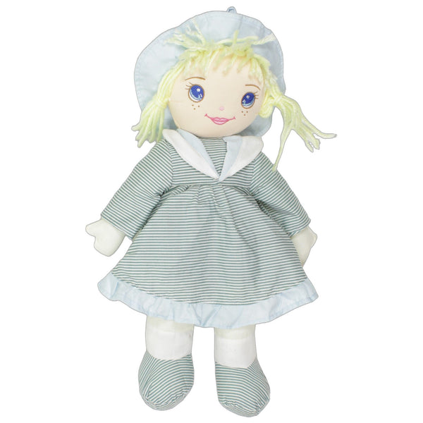 Große blonde Puppe mit gestreiftem Kleid