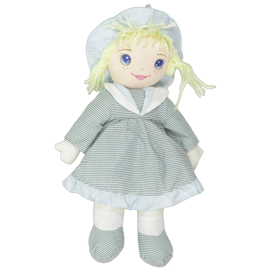 Große blonde Puppe mit gestreiftem Kleid