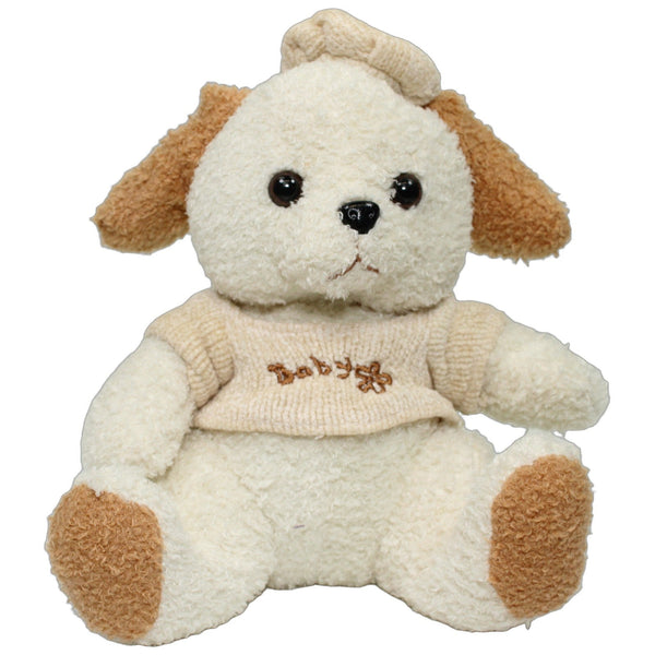 Heller Zottel-Hund mit Pullover und Mütze