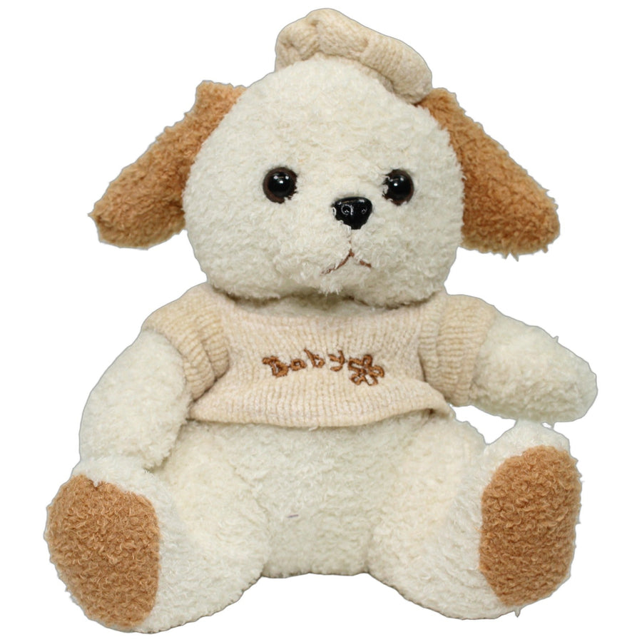Heller Zottel-Hund mit Pullover und Mütze