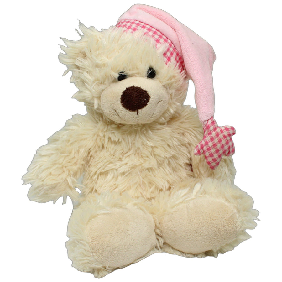 Großer beiger Teddybär mit rosa Schlafmütze