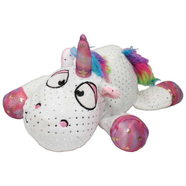 Weißes Einhorn mit Regenbogenmähne & silbernen Punkten, liegend