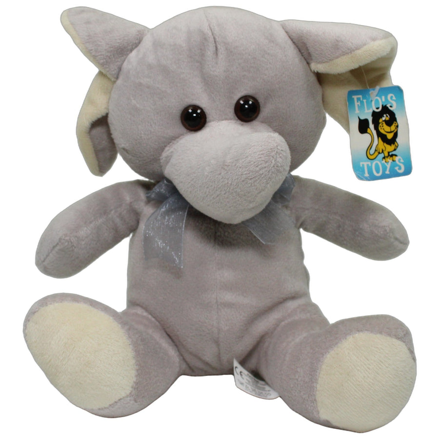 Grauer Elefant mit blauer Schleife, sitzend