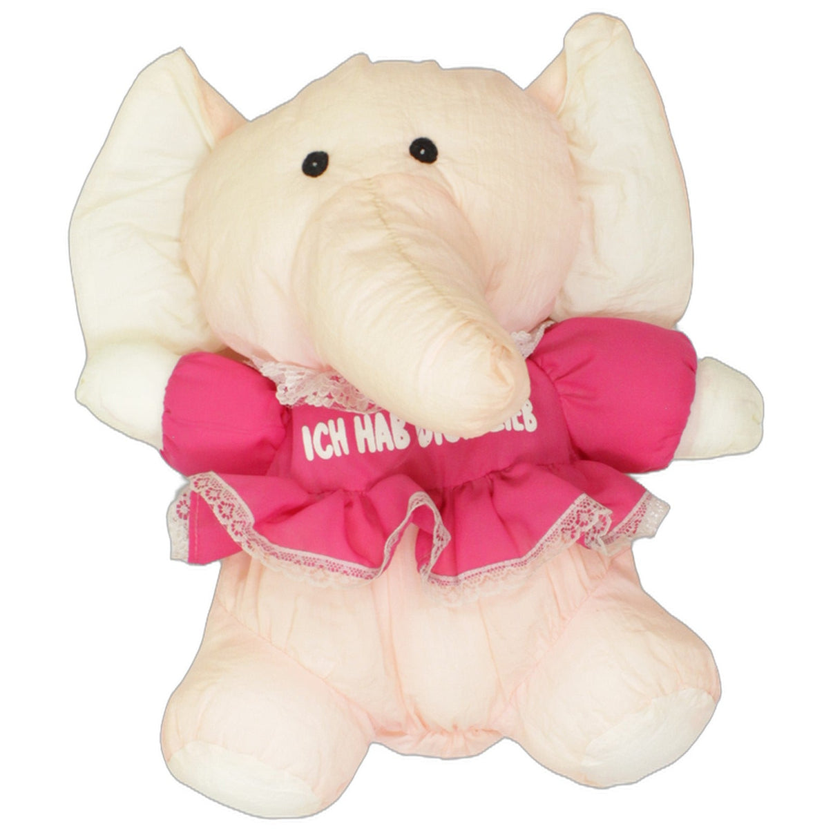 123000026848 Unbekannt Pfirsichfarbener Elefant mit pinkem Kleid "Ich hab dich lieb " Kuscheltier Kumpel Leo 34cm _Vintage_ Beige
