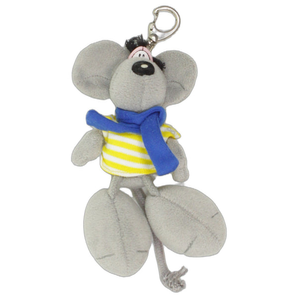 Graue Diddl-Maus mit gelber Latzhose & blauem Schal