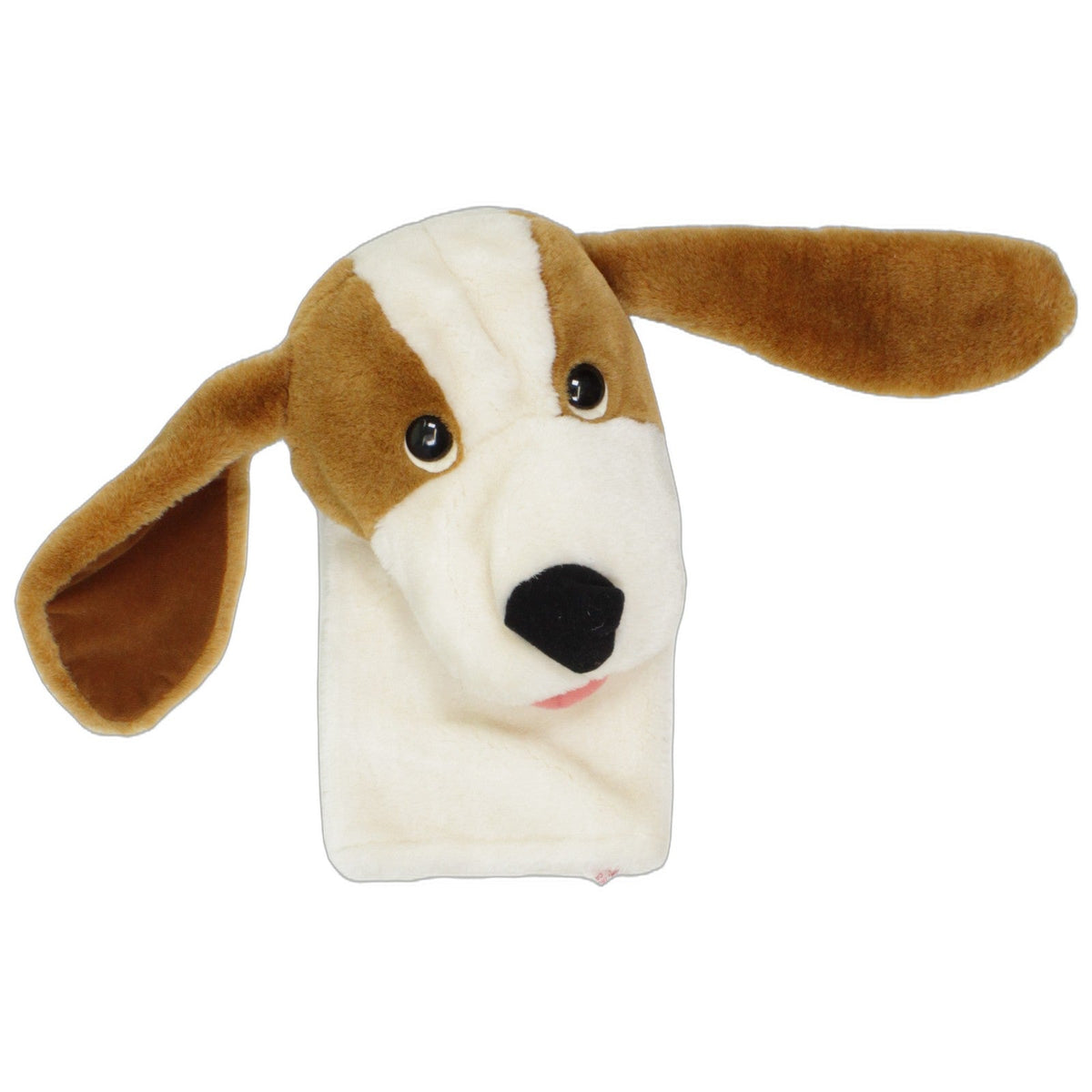 123000027351 Dakin Braun-weißer Hund mit langen Ohren & Zunge Handpuppe Kumpel Leo 1991 27cm _Vintage_
