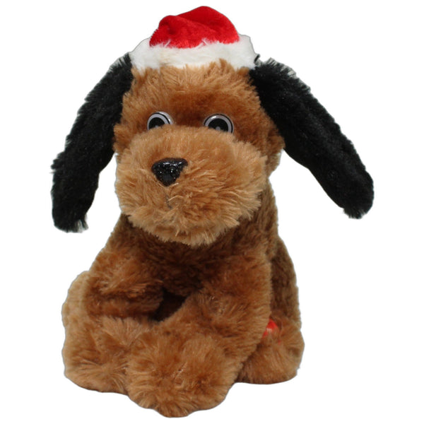 Singender Hund mit Weihnachtsmütze, braun