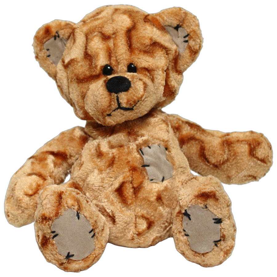 Brauner Teddybär mit Flicken, sitzend